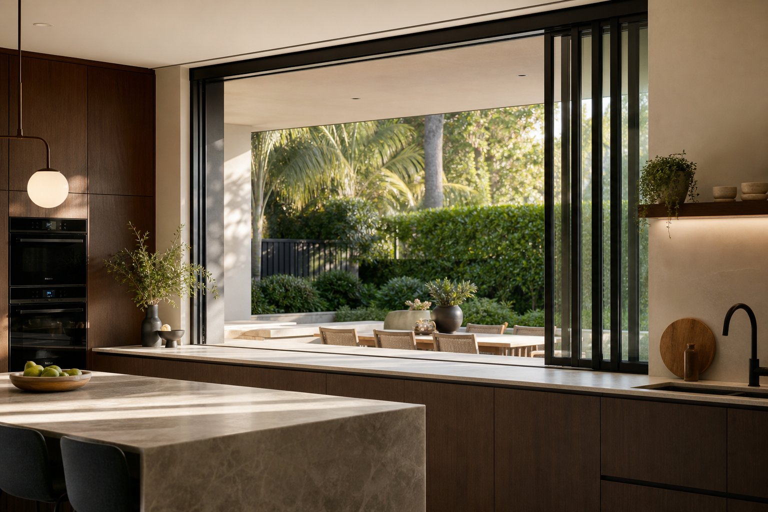 aluminium sliding window used as a kitchen servery connecting indoor and outdoor entertaining areas