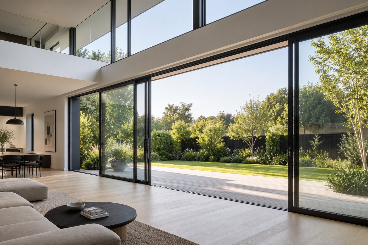 aluminium sliding windows delivering wide unobstructed views in a modern open plan living space