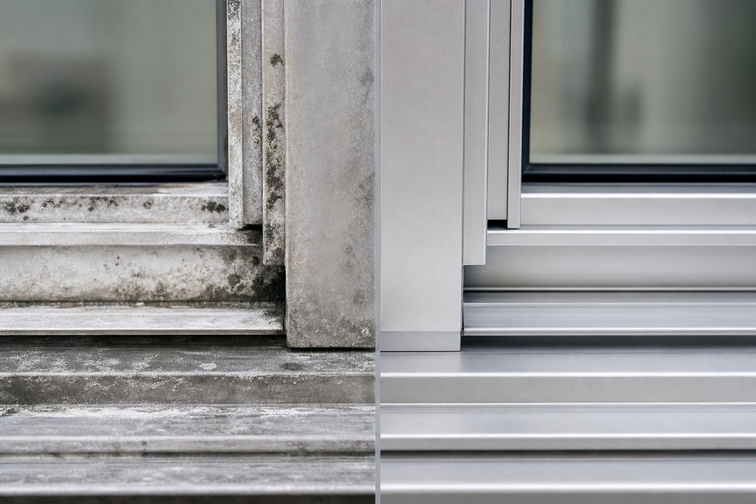 aluminium track showing oxidation and mould buildup compared to a properly cleaned and restored surface
