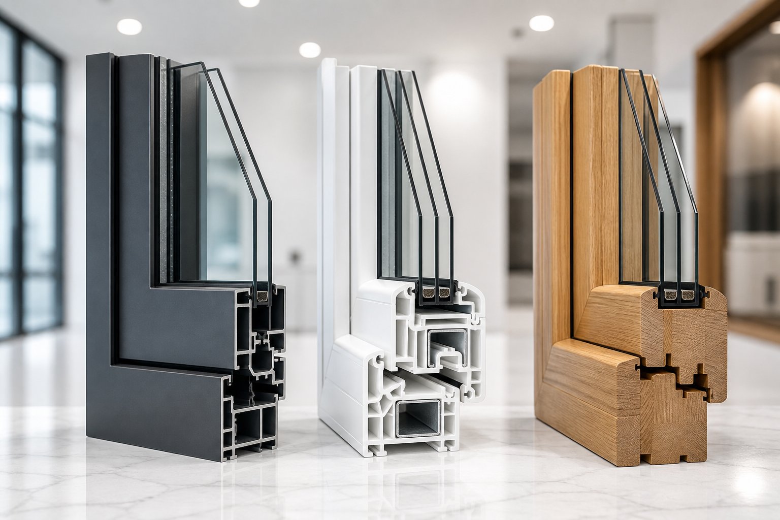 aluminium upvc and timber window frame profiles compared side by side each managing heat transfer through different engineering approaches