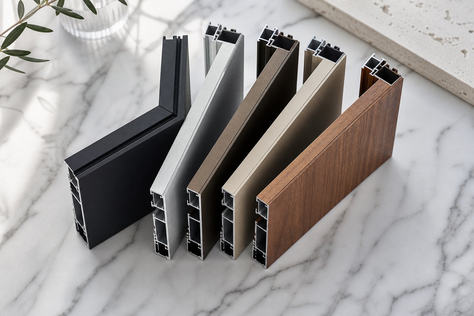 aluminium window frame finish options including powder coat anodised and wood effect sublimation