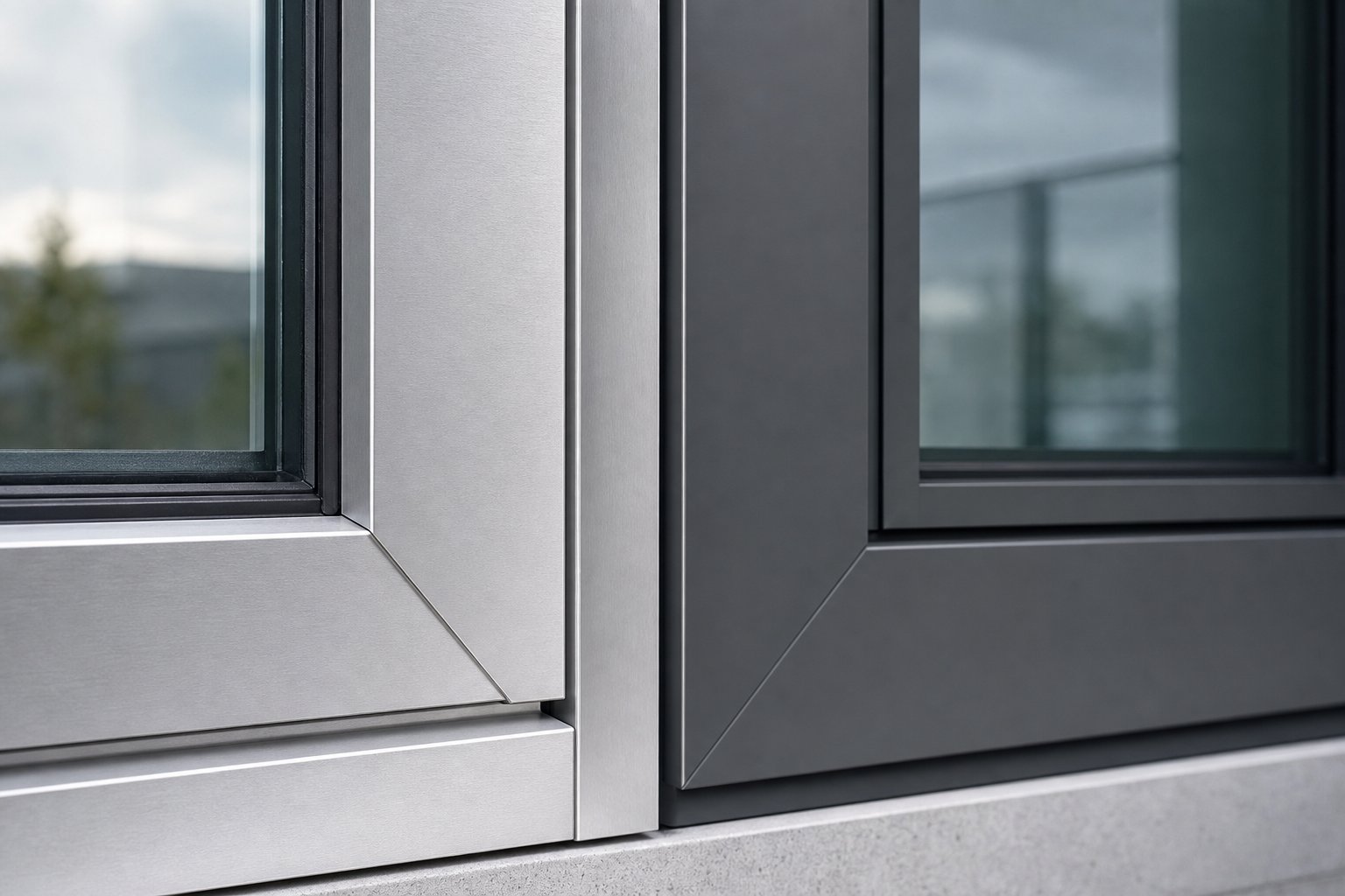 aluminium window frame finishes showing the natural metallic character of clear anodised versus painted alternatives