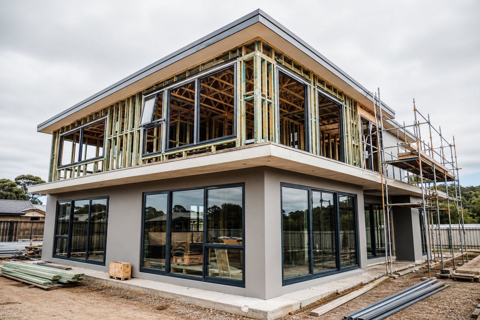 aluminium window installation during new build construction with open framing and scaffolding