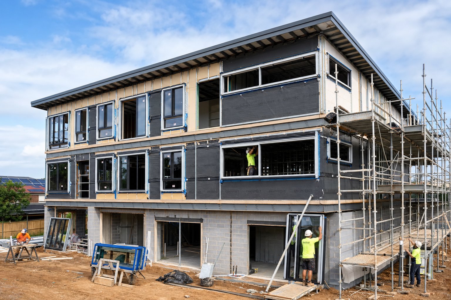 aluminium window installation in progress showing correct fixing and flashing preparation for code compliance