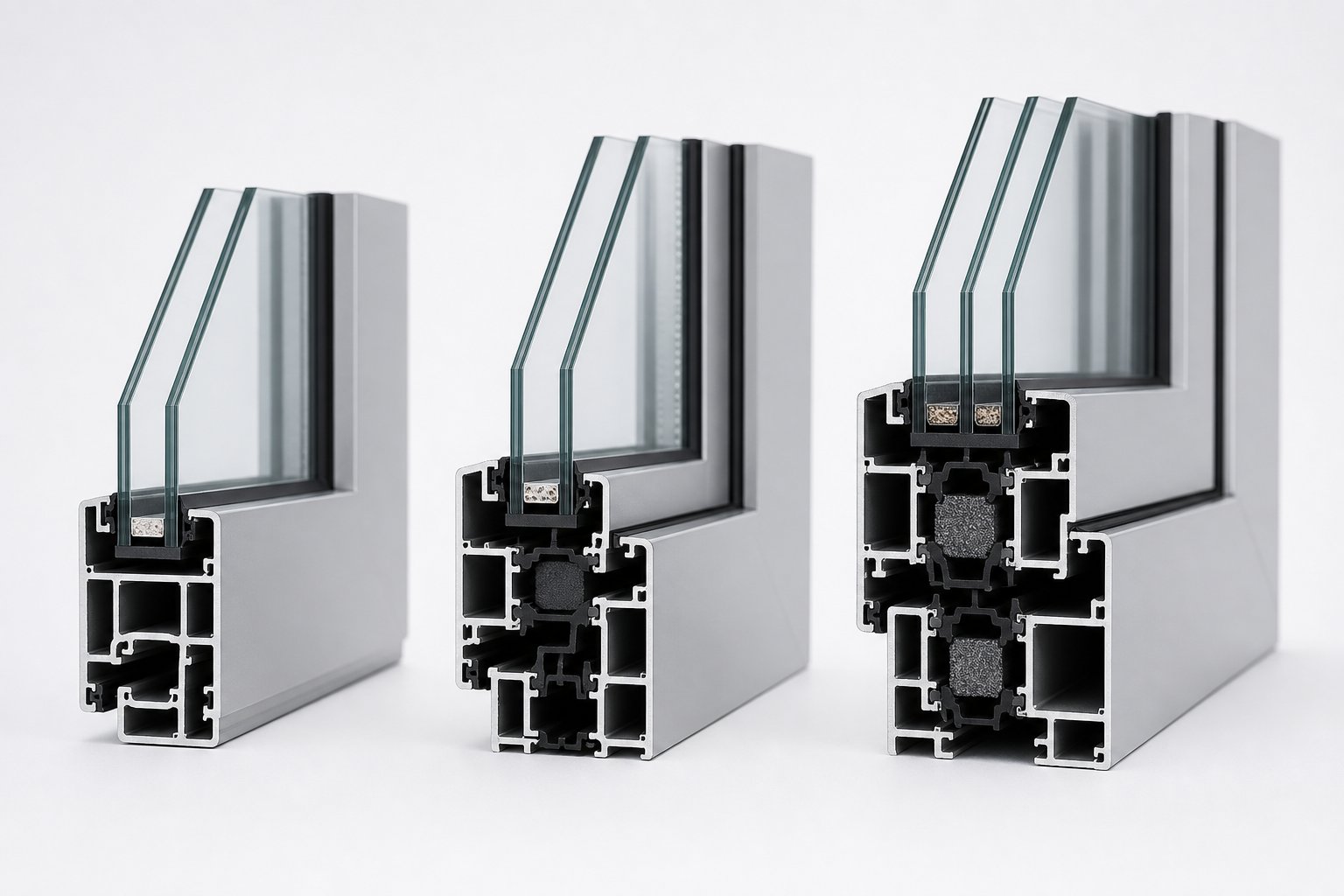 aluminium window profile cross sections illustrating the structural differences between budget tiers