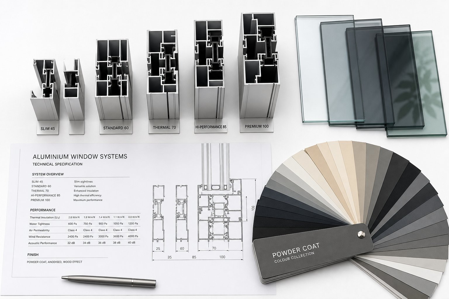 aluminium window specification samples including profiles glass options and colour swatches for quote comparison