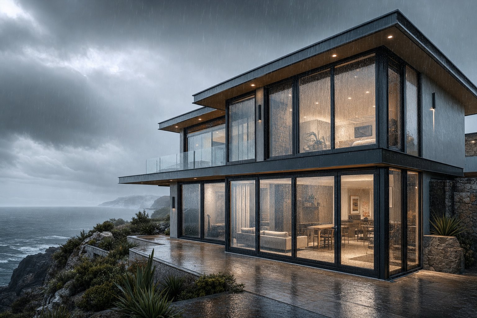 aluminium windows on an exposed coastal facade engineered to resist wind driven rain and high air pressure loads