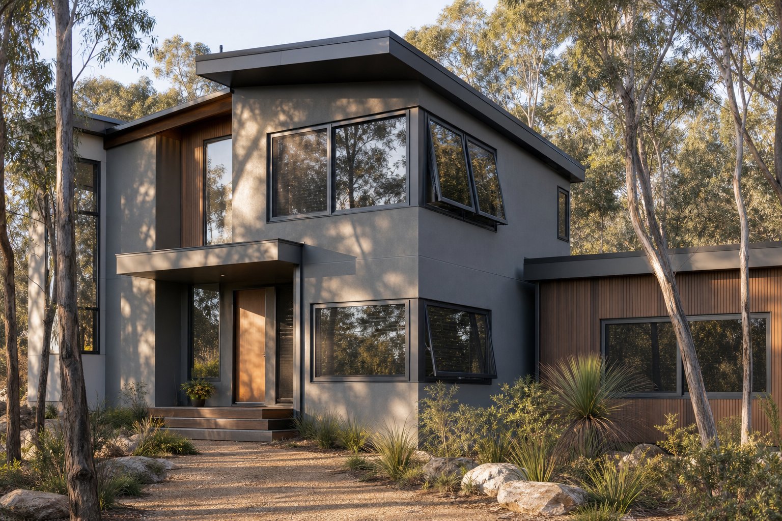 aluminium windows with bushfire rated specifications on a perth hills home surrounded by native vegetation