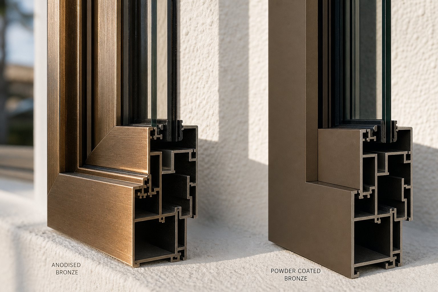 anodised aluminium's translucent metallic warmth compared to the flat opacity of powder coated finishes on window frames