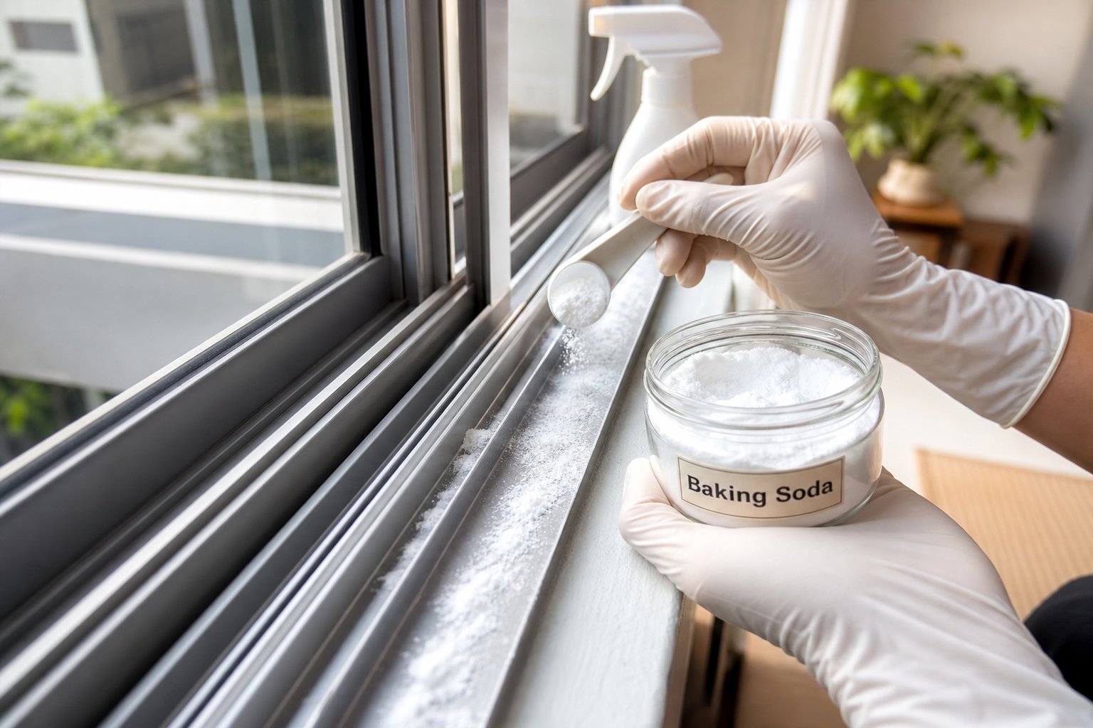 applying baking soda to aluminium window track channels before the vinegar deep clean process