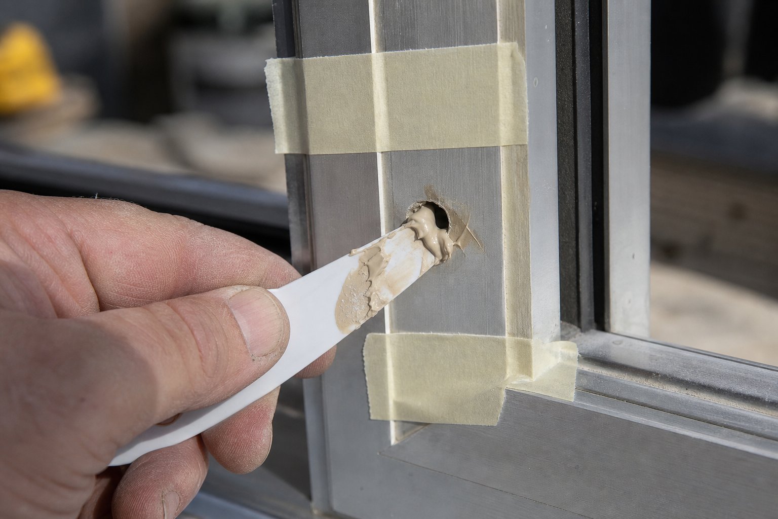 applying epoxy filler to a masked screw hole on an aluminium window frame