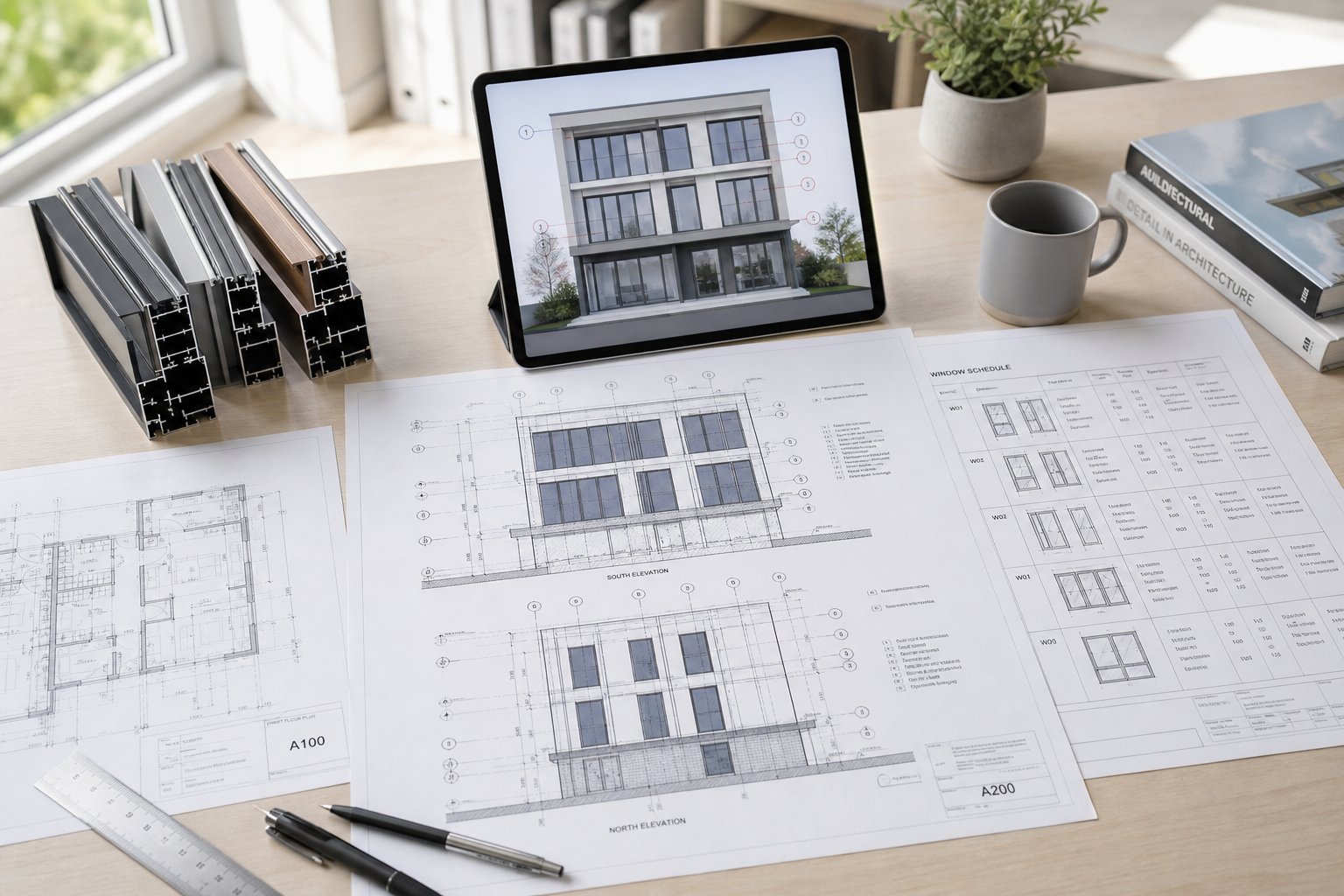 architectural drawings and aluminium window profile samples used to prepare accurate project specific quotes