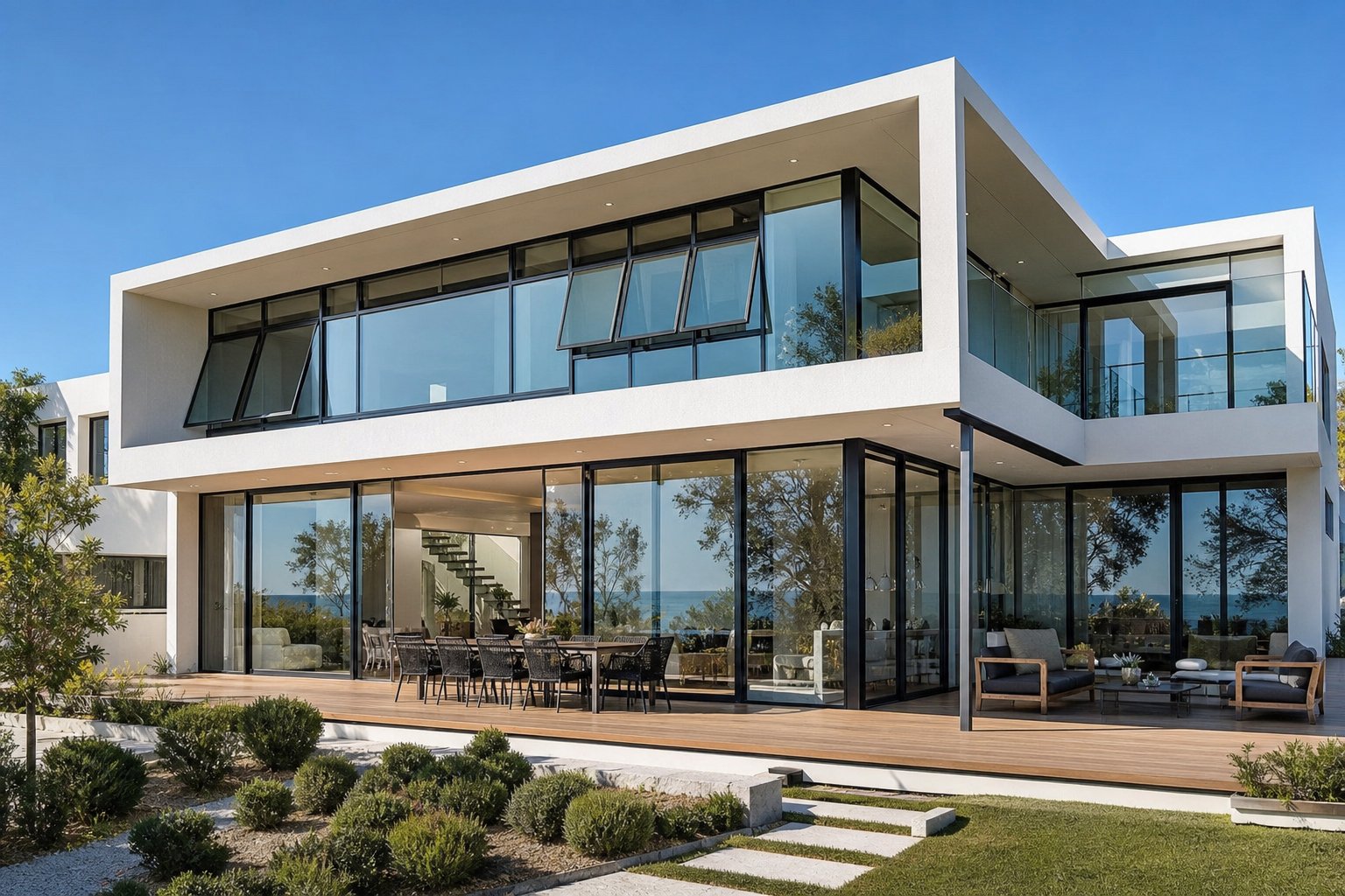 australian coastal home featuring multiple aluminium window system types including awning windows and full height sliding doors
