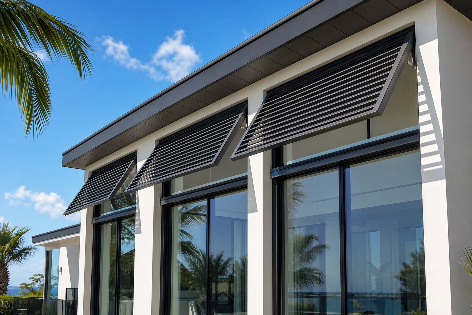 bahama style aluminium louvers mounted above windows providing shade and storm protection on a coastal home