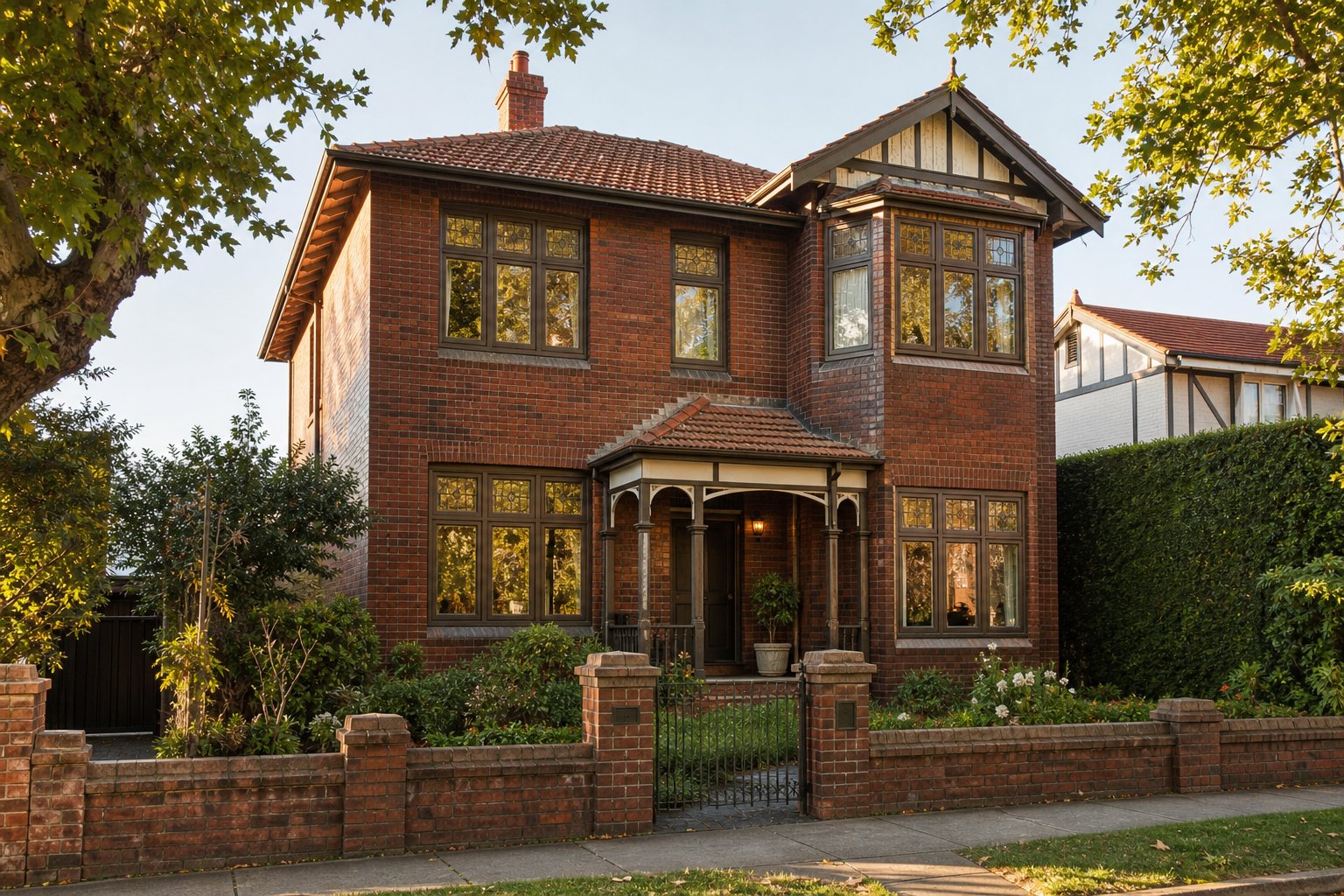 brown aluminium window frames complementing heritage brickwork on an australian federation home