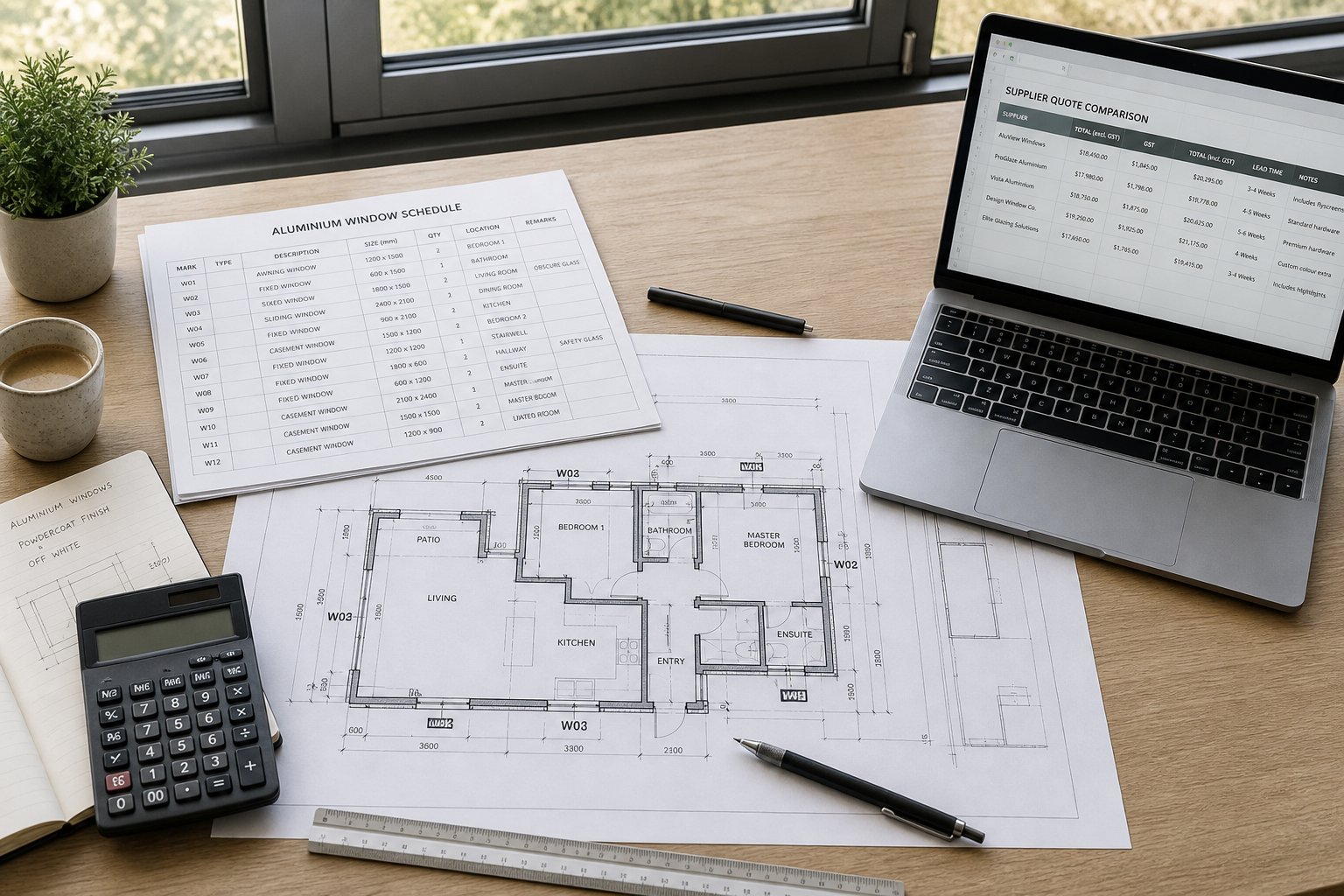 calculating aluminium windows cost per m2 from supplier quotes using project dimensions and detailed schedules
