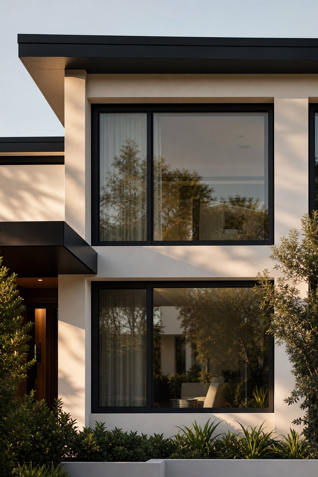 charcoal aluminium window frames creating bold contrast against a light rendered facade on a contemporary australian home