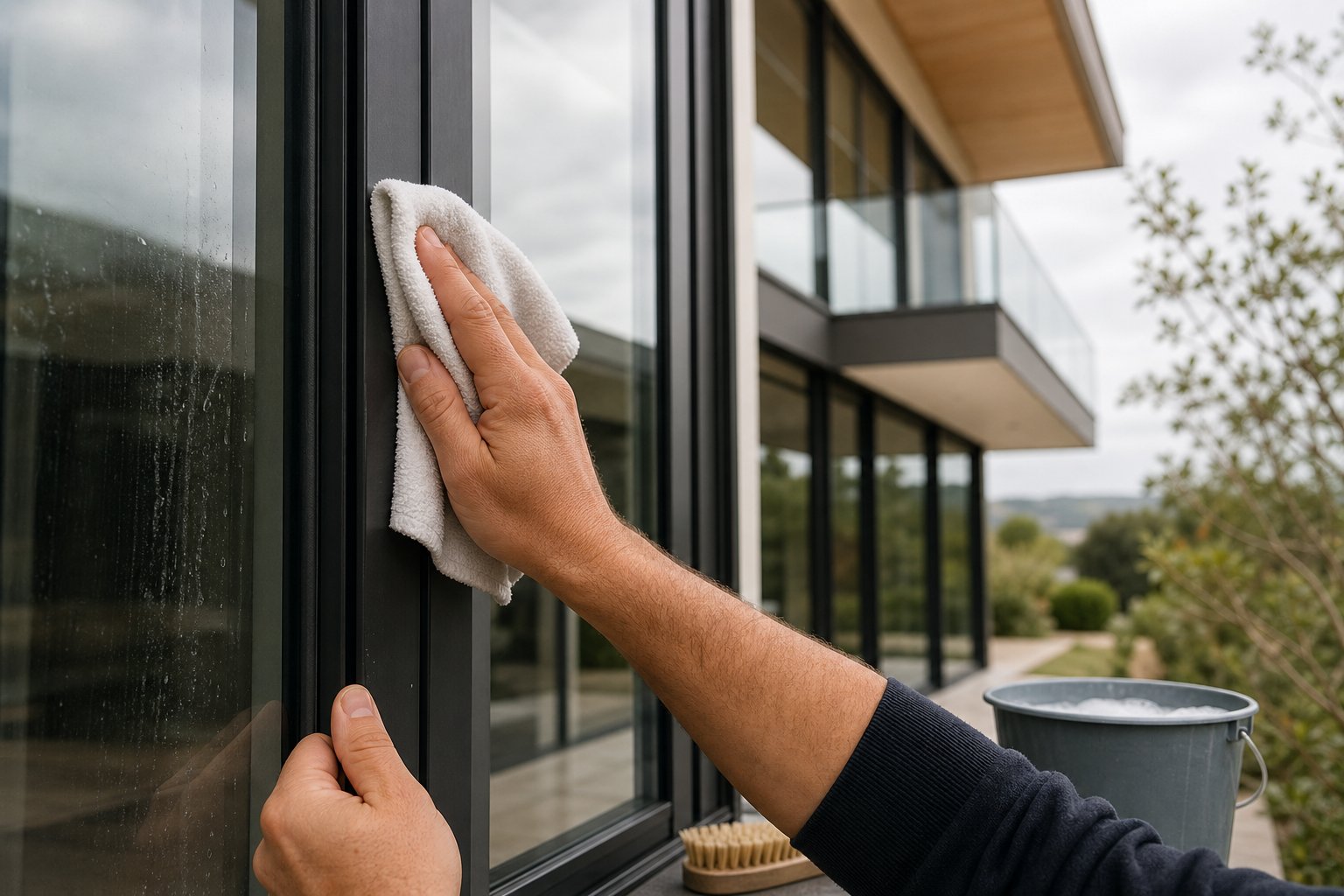 cleaning aluminium window frames with a soft microfibre cloth and ph neutral soapy water working from top to bottom to prevent streaking
