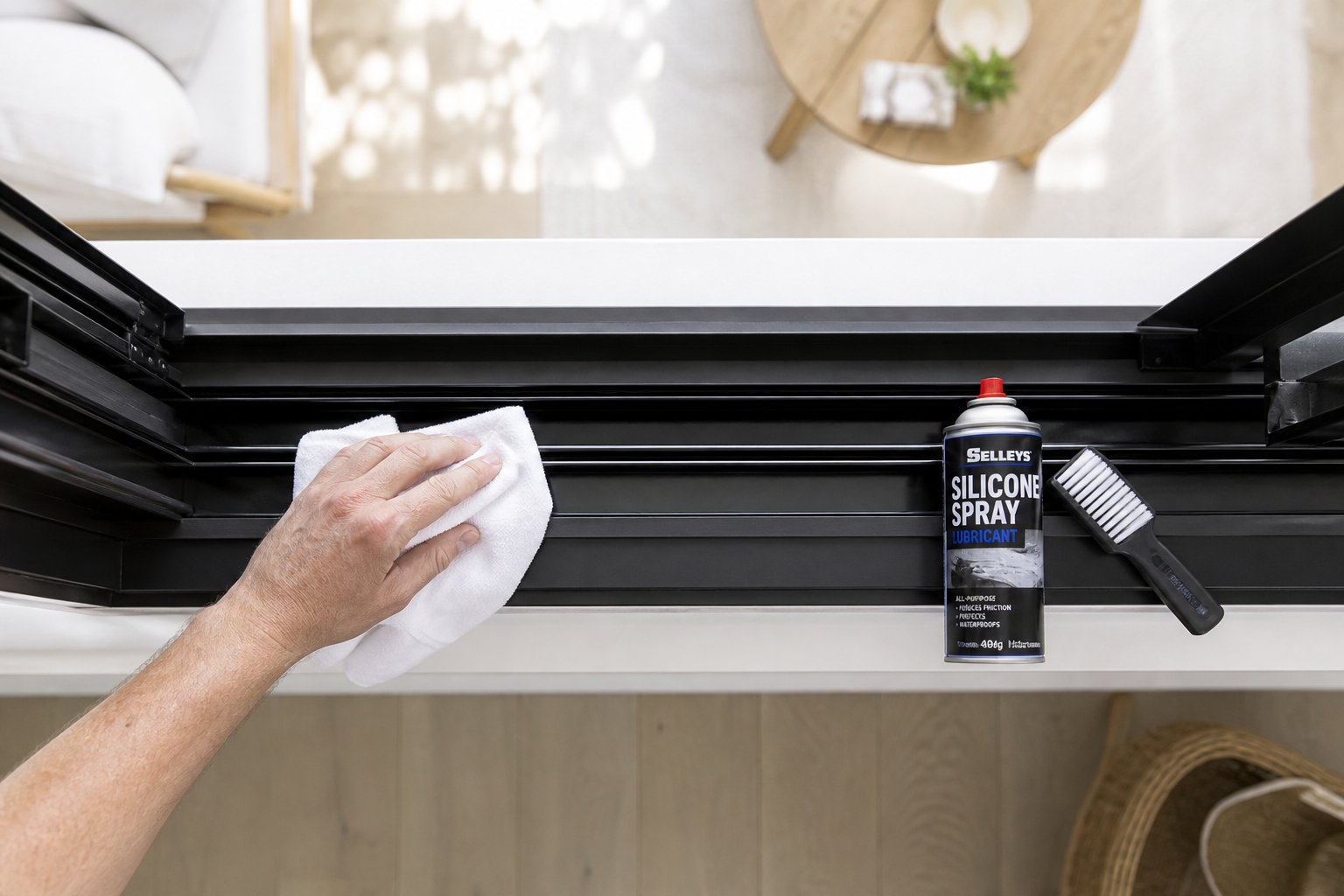 cleaning and lubricating an aluminium window track with silicone spray and a cloth for quick friction free sliding