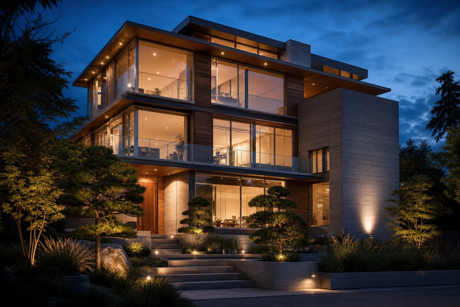 clear anodised aluminium frames complementing timber cladding and concrete on a contemporary minimalist home