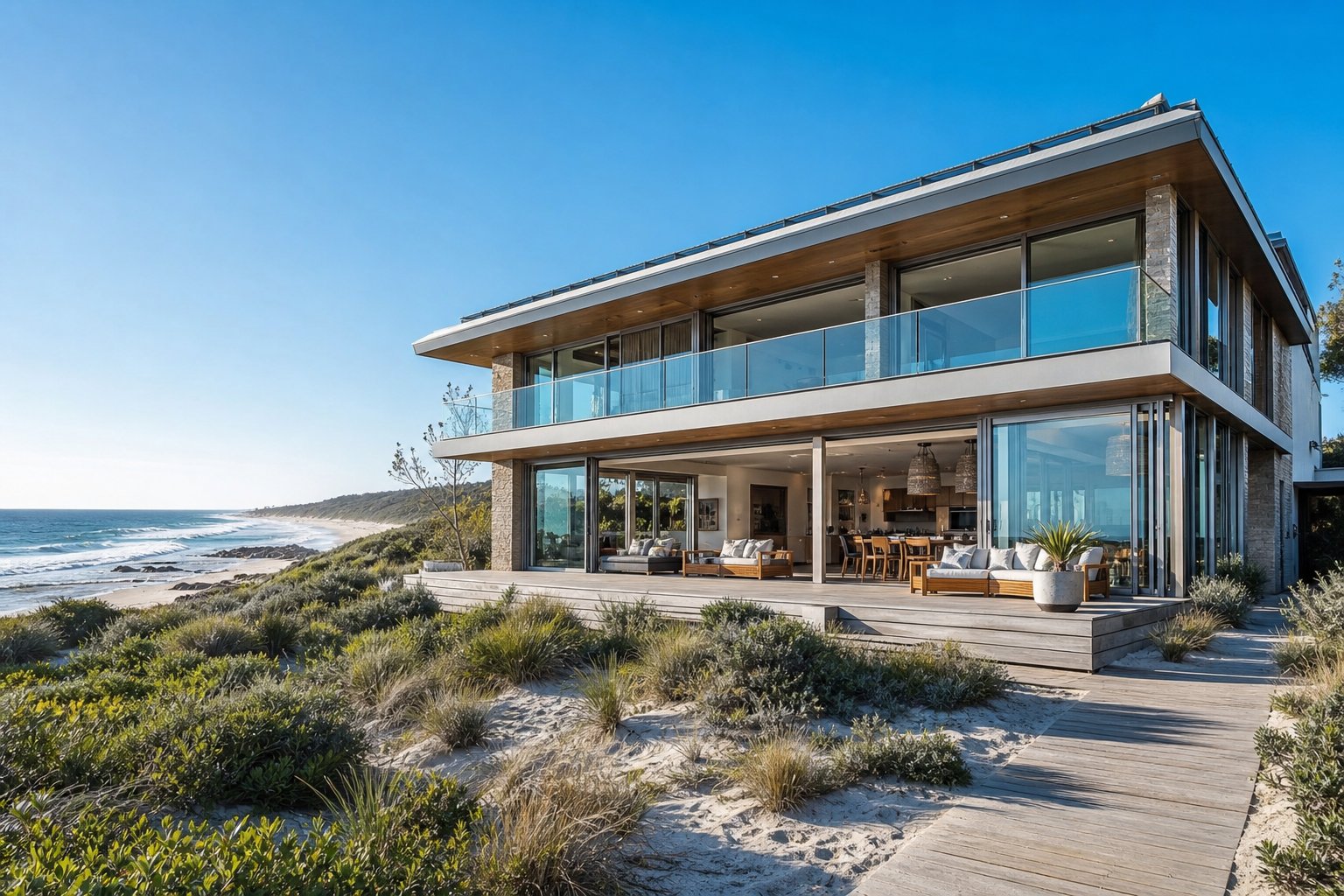 clear anodised aluminium windows on a coastal australian home designed to withstand salt spray exposure