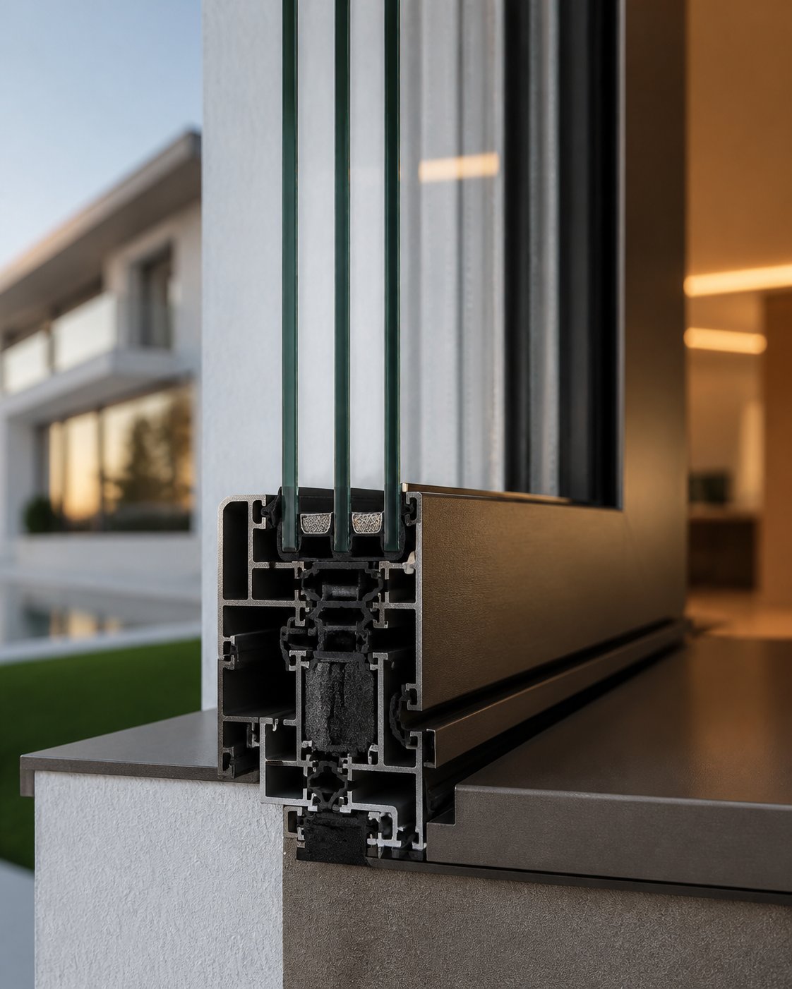 close up of a thermally broken european aluminium window profile showing the precision engineered multi chamber frame construction