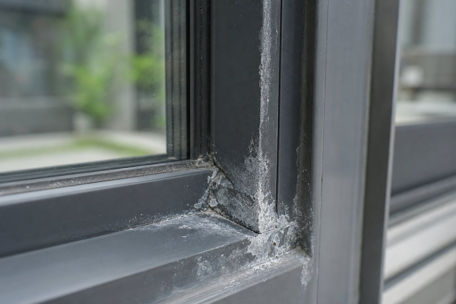 close up view of pitting corrosion and white oxidation deposits forming on an aluminium window frame surface