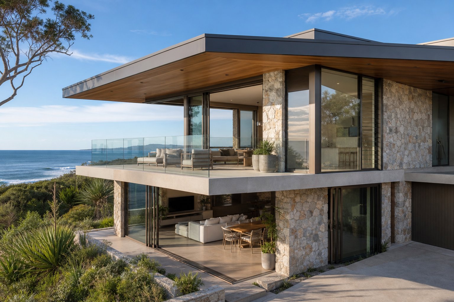 coastal australian home featuring architectural aluminium sliding doors and windows specified for marine exposure with bronze finish detailing