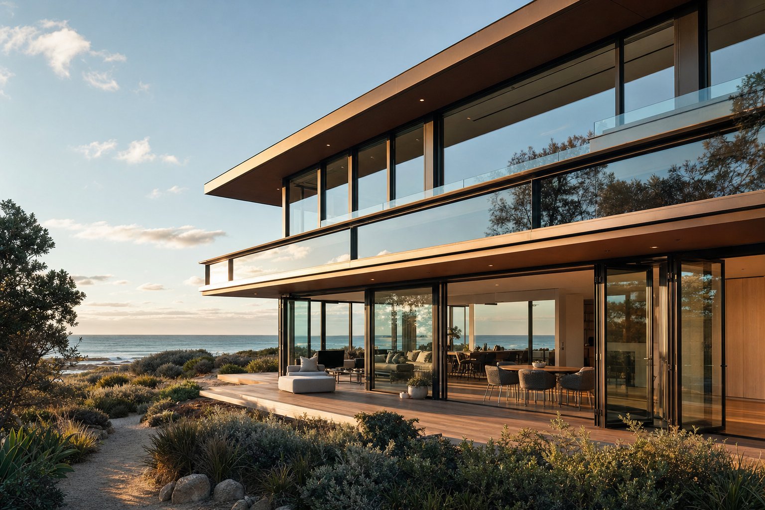coastal australian home with durable aluminium window frames designed to withstand salt air exposure for decades