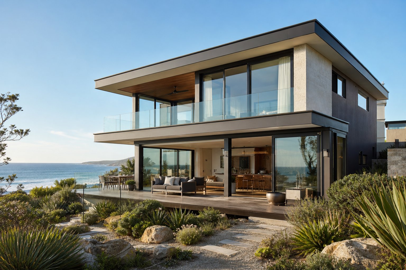 coastal australian home with marine grade aluminium windows designed to withstand salt air exposure