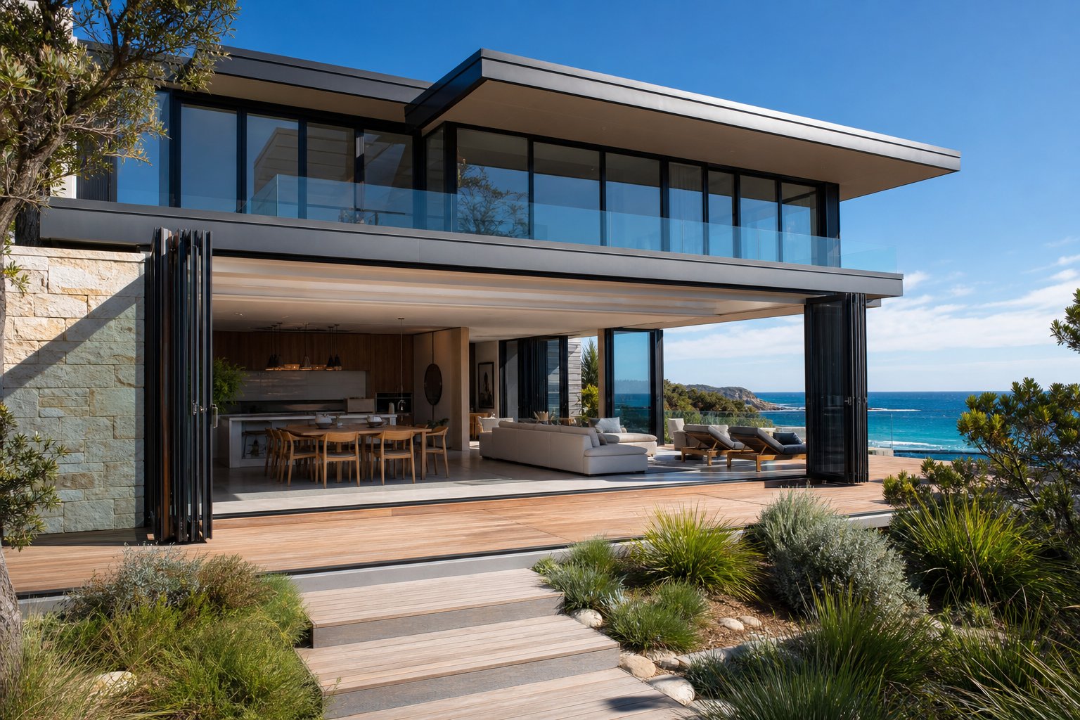 coastal australian home with pristine black aluminium windows and bi fold doors opening to ocean views demonstrating long term finish durability