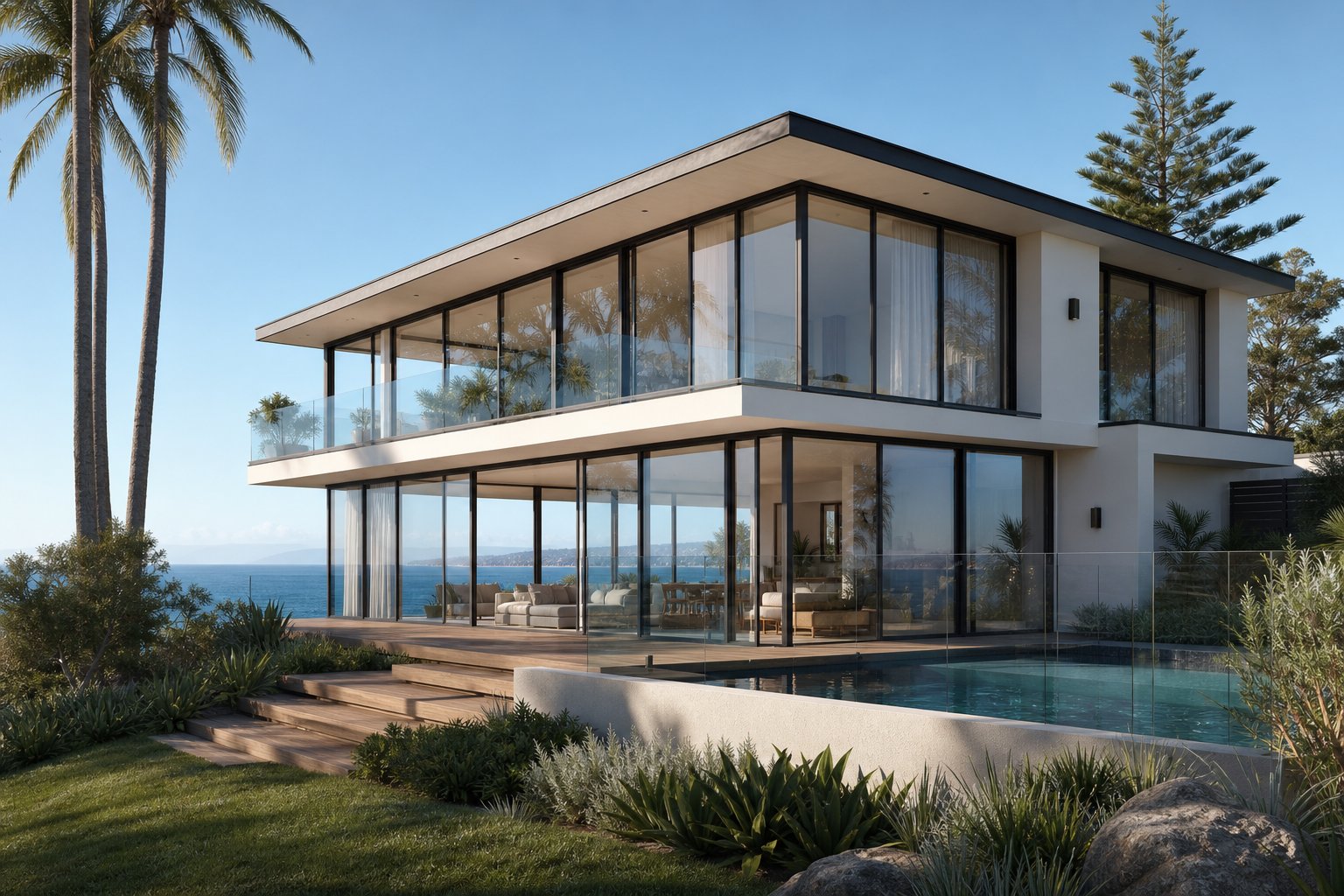 coastal home with slimline aluminium window frames maximising ocean views through expansive glazing