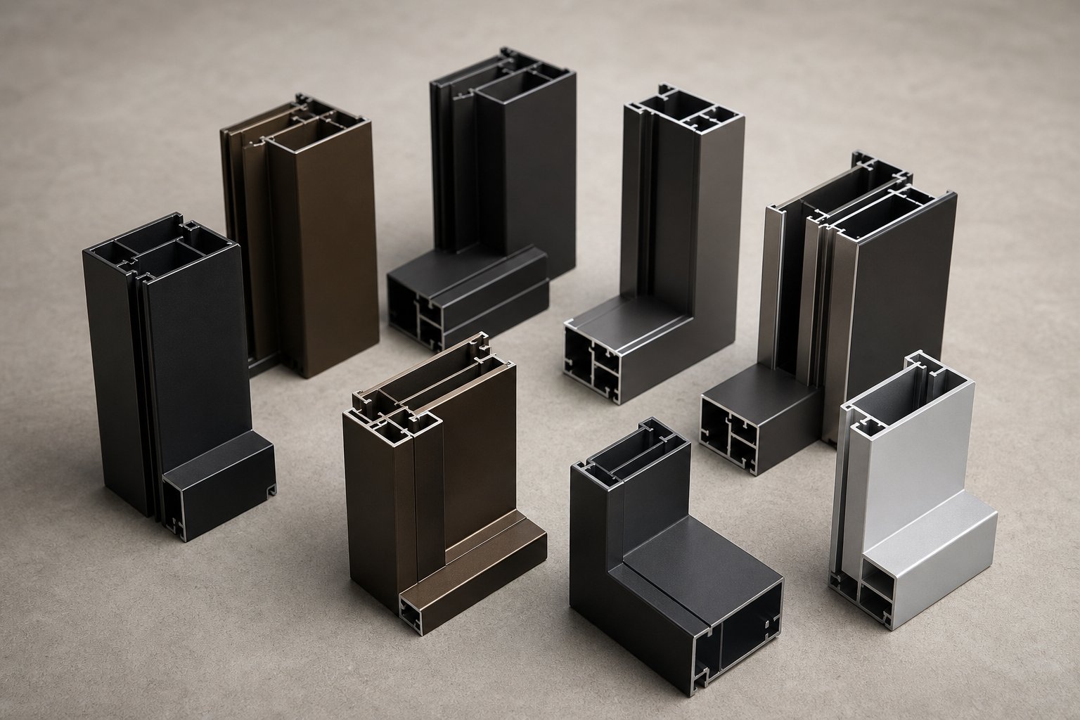 commercial aluminium window frame profiles in various powder coated finishes including black bronze and charcoal options