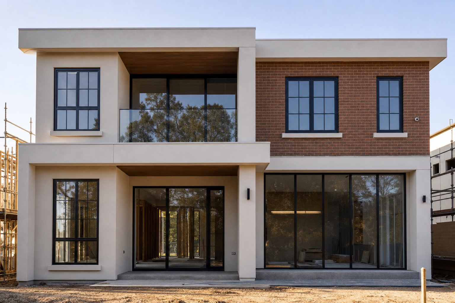 consistent aluminium colonial window installation across a new australian home showing uniform bar profiles and colour matching