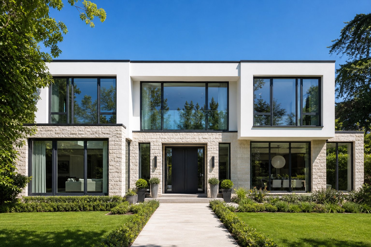 contemporary australian home featuring dark grey aluminium window frames across multiple openings with slim profile design