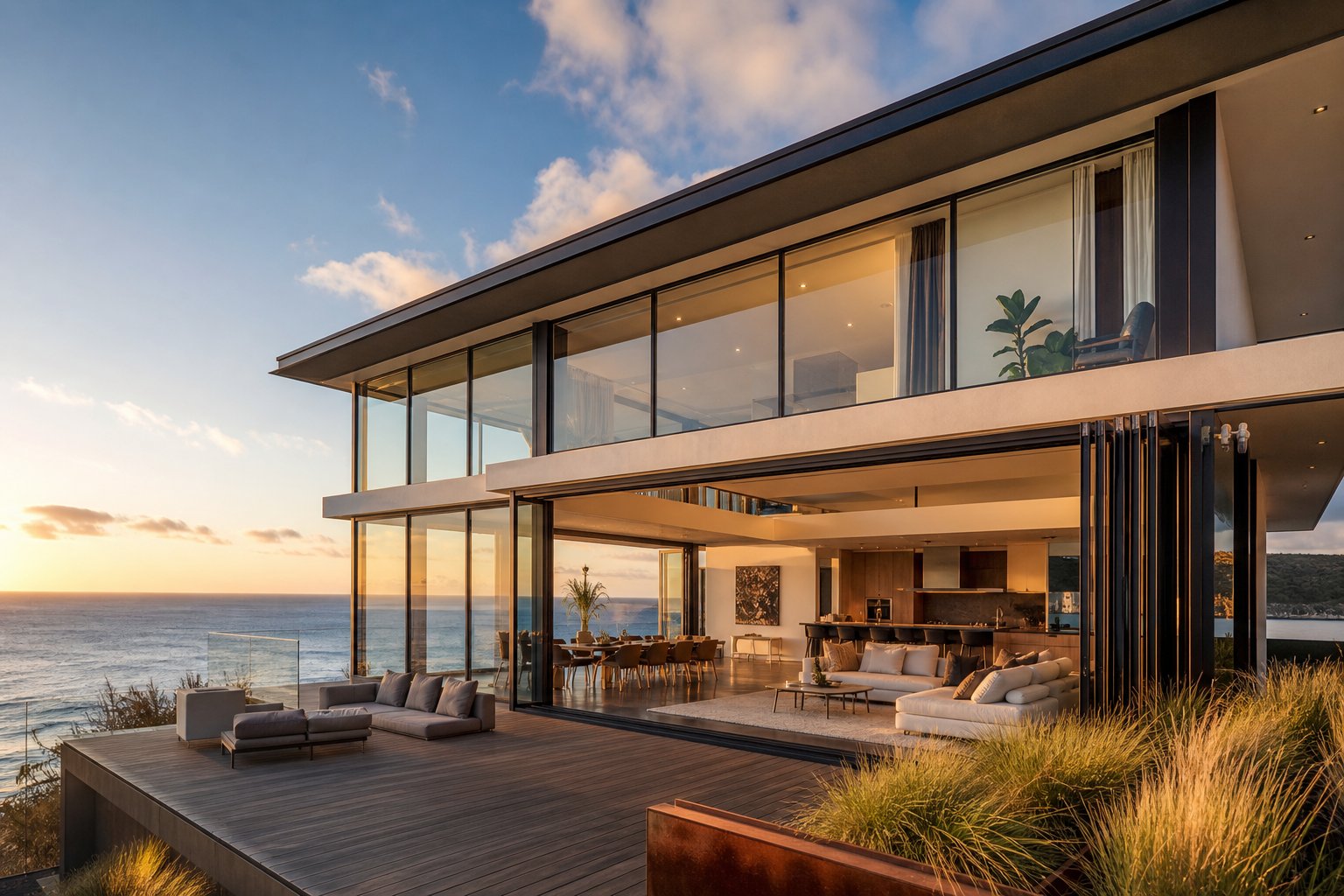 contemporary coastal home featuring slim profile aluminium bi fold doors and floor to ceiling glazing for maximum natural light