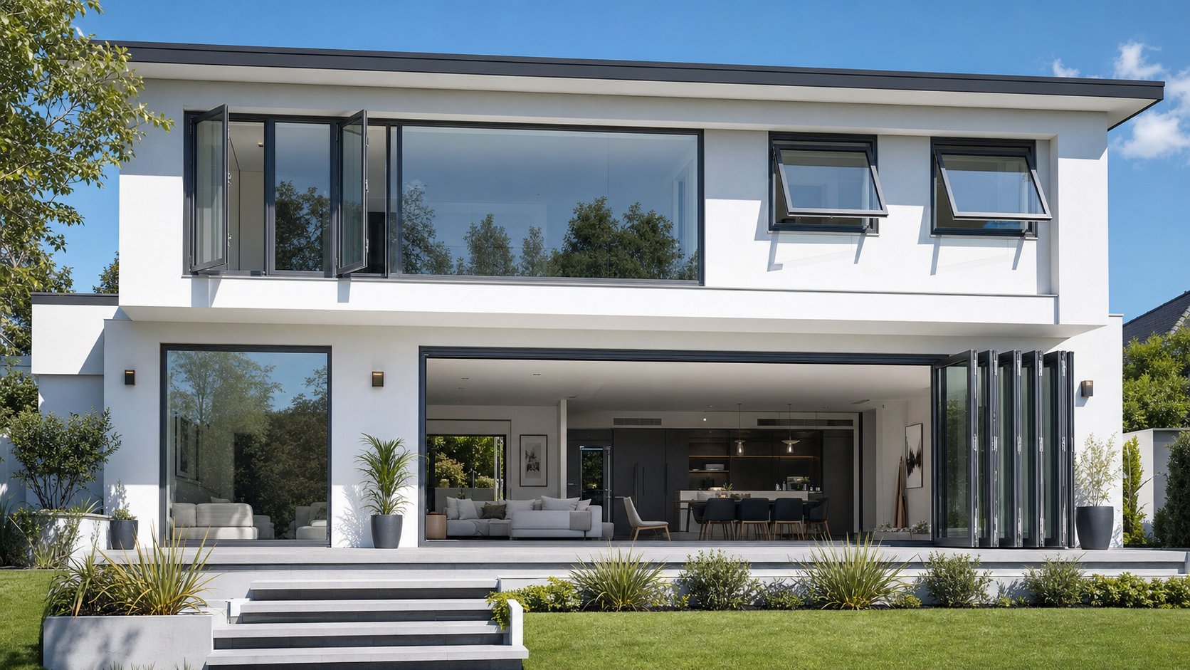 contemporary home facade featuring multiple aluminium window types including fixed panels casement bi fold and awning designs
