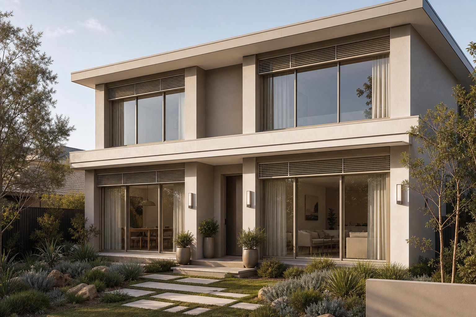 coordinated aluminium window frames and external shade systems creating a seamless architectural facade