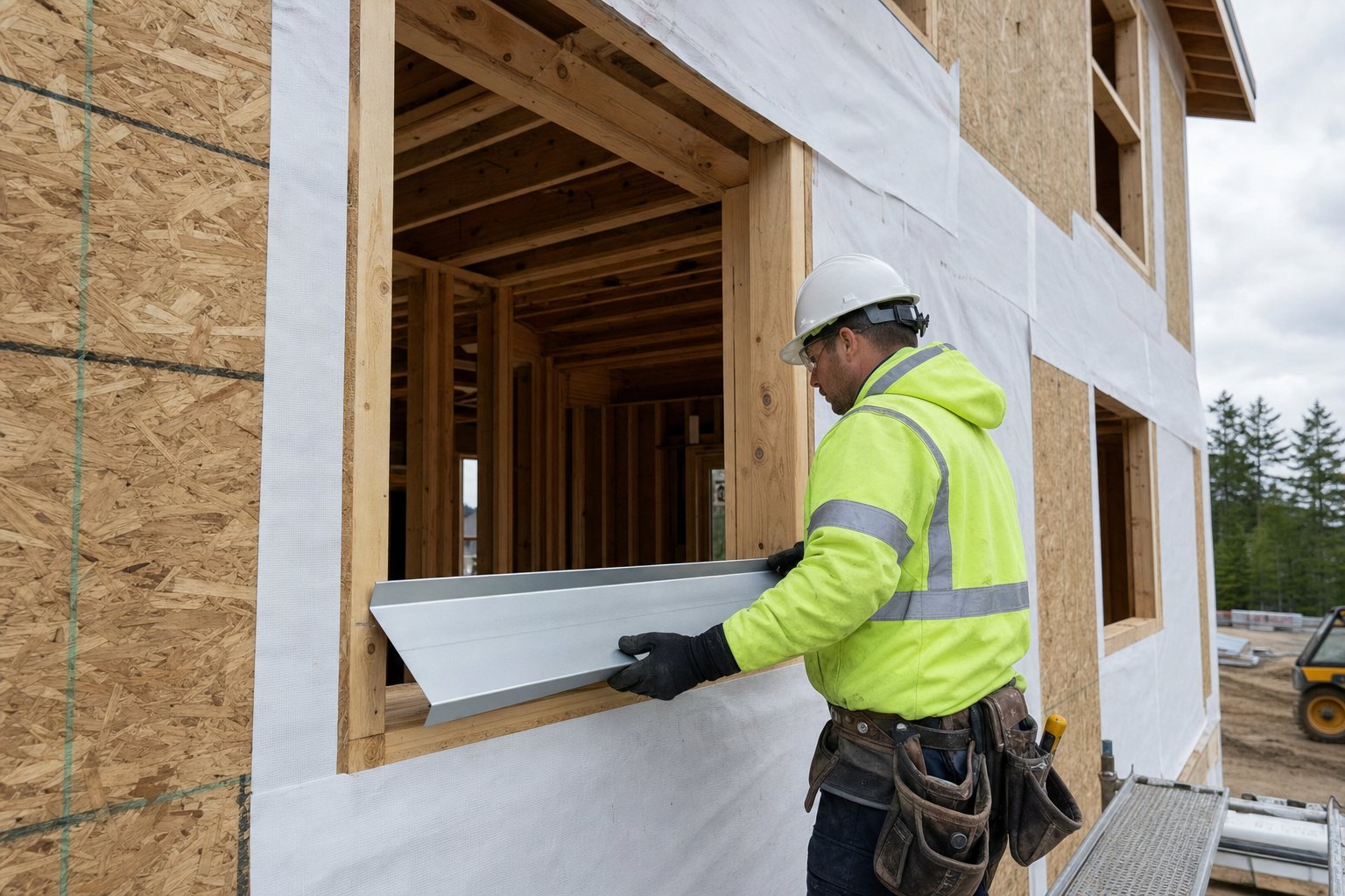 correct installation sequence places the aluminium sill pan over the secondary membrane before the window frame goes in