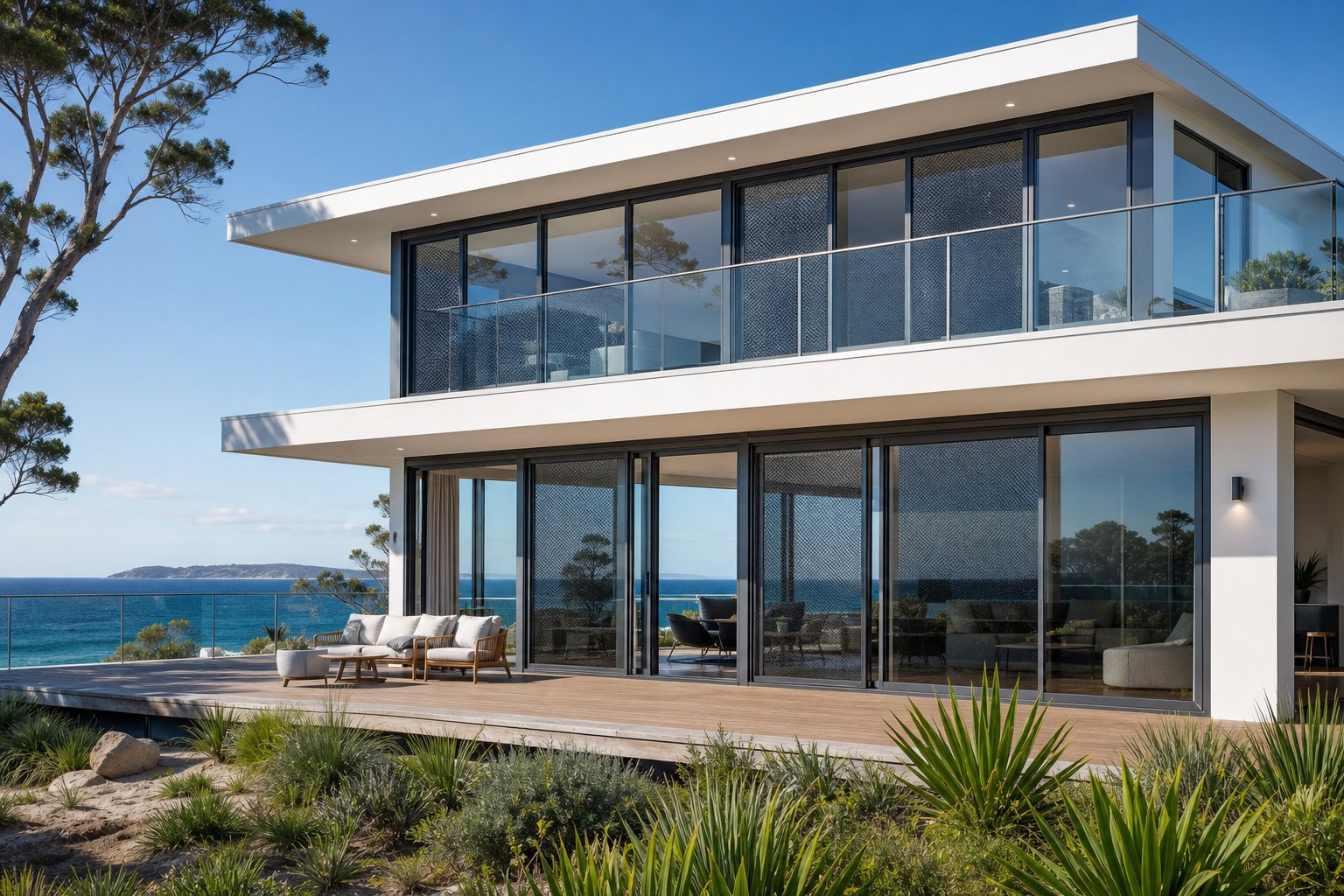 corrosion resistant fly screens on aluminium windows of a coastal australian home designed to withstand salt air and high winds