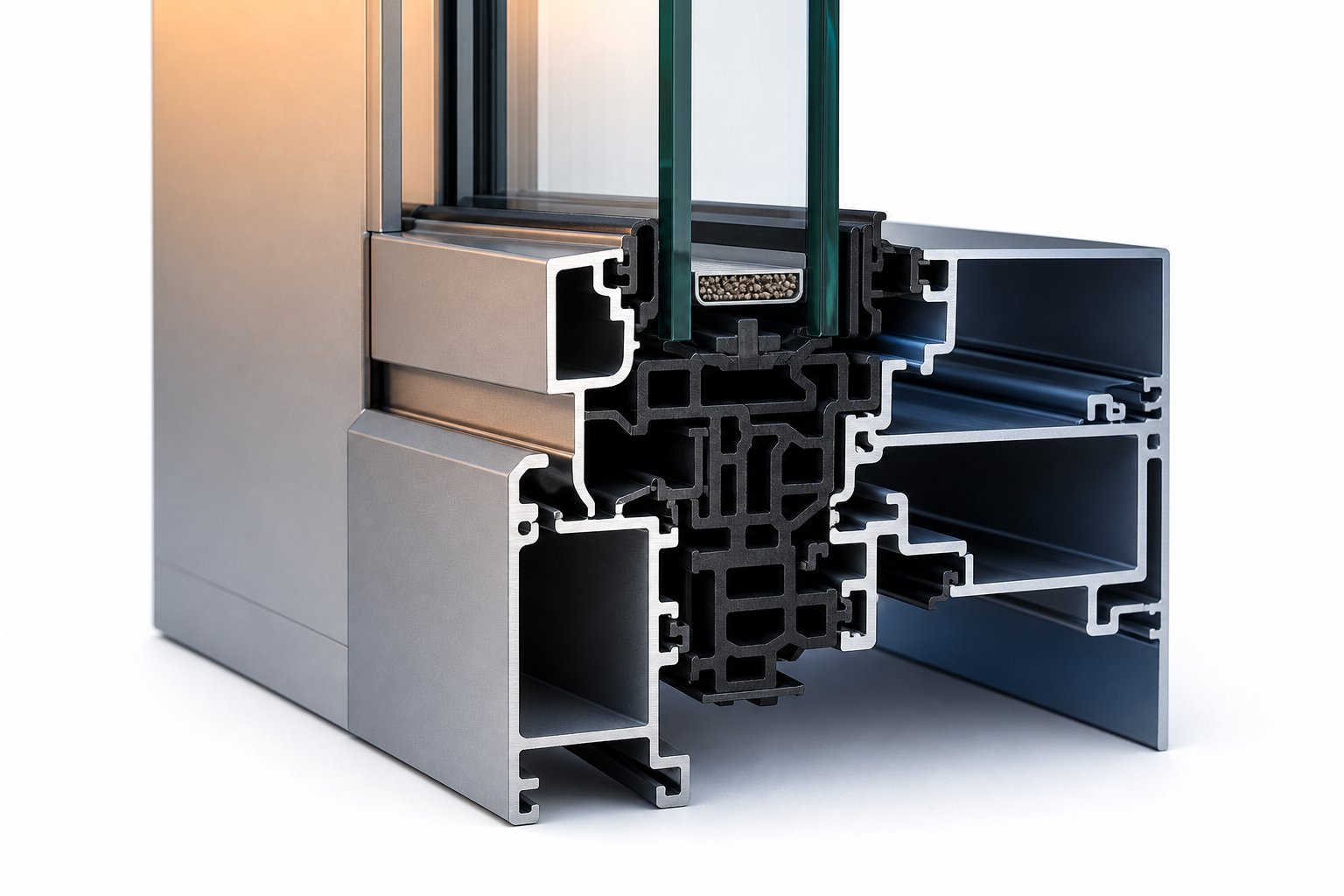cross section of a thermally broken aluminium frame showing the polyamide barrier separating interior and exterior profiles