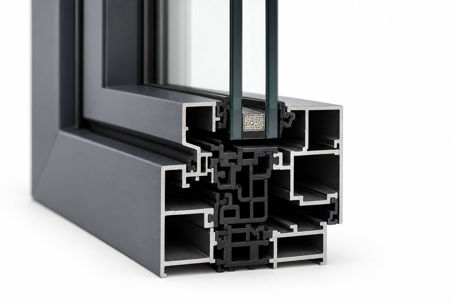 cross section of a thermally broken aluminium frame showing the polyamide strip that interrupts heat transfer between inner and outer profiles