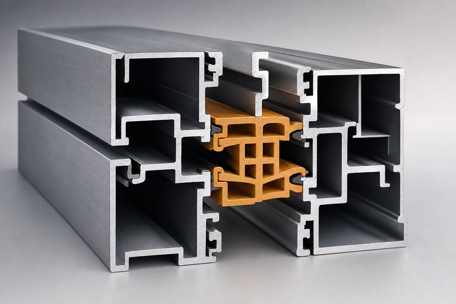 cross section of a thermally broken aluminium profile showing the polyamide insulating barrier between interior and exterior sections