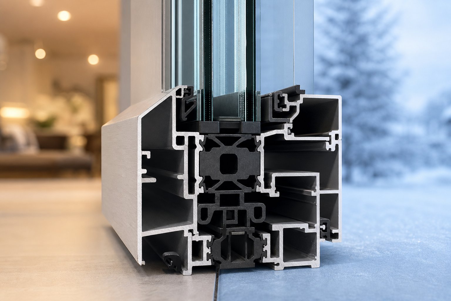 cross section of a thermally broken aluminium window frame showing the polyamide strip that interrupts heat transfer between interior and exterior