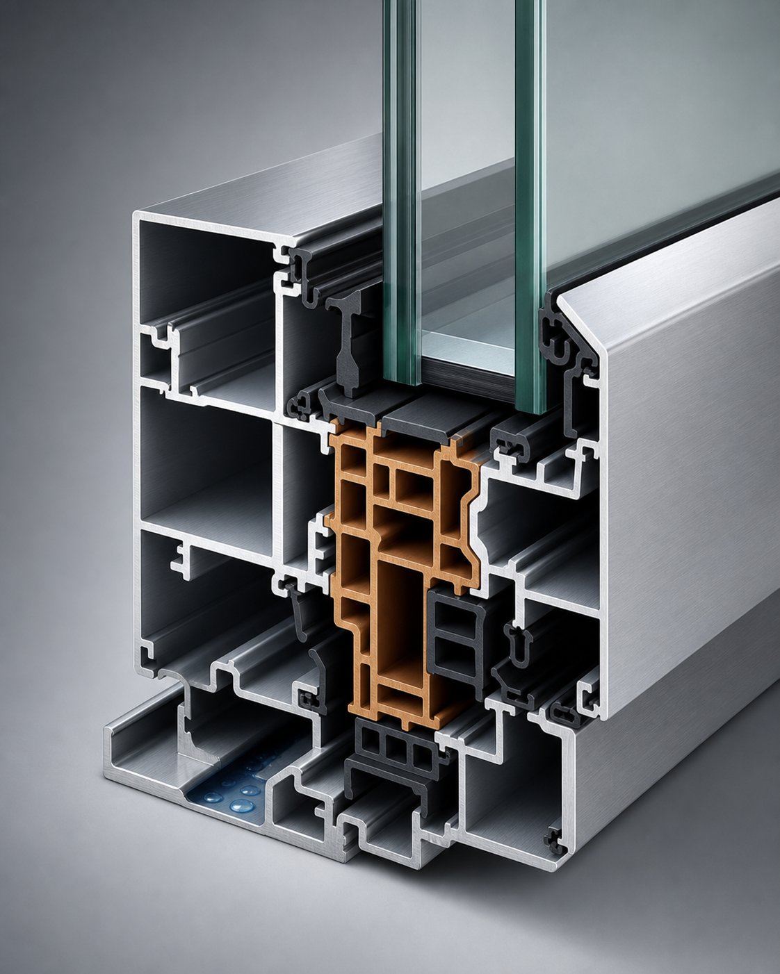 cross section of a thermally broken aluminium window profile showing key internal components