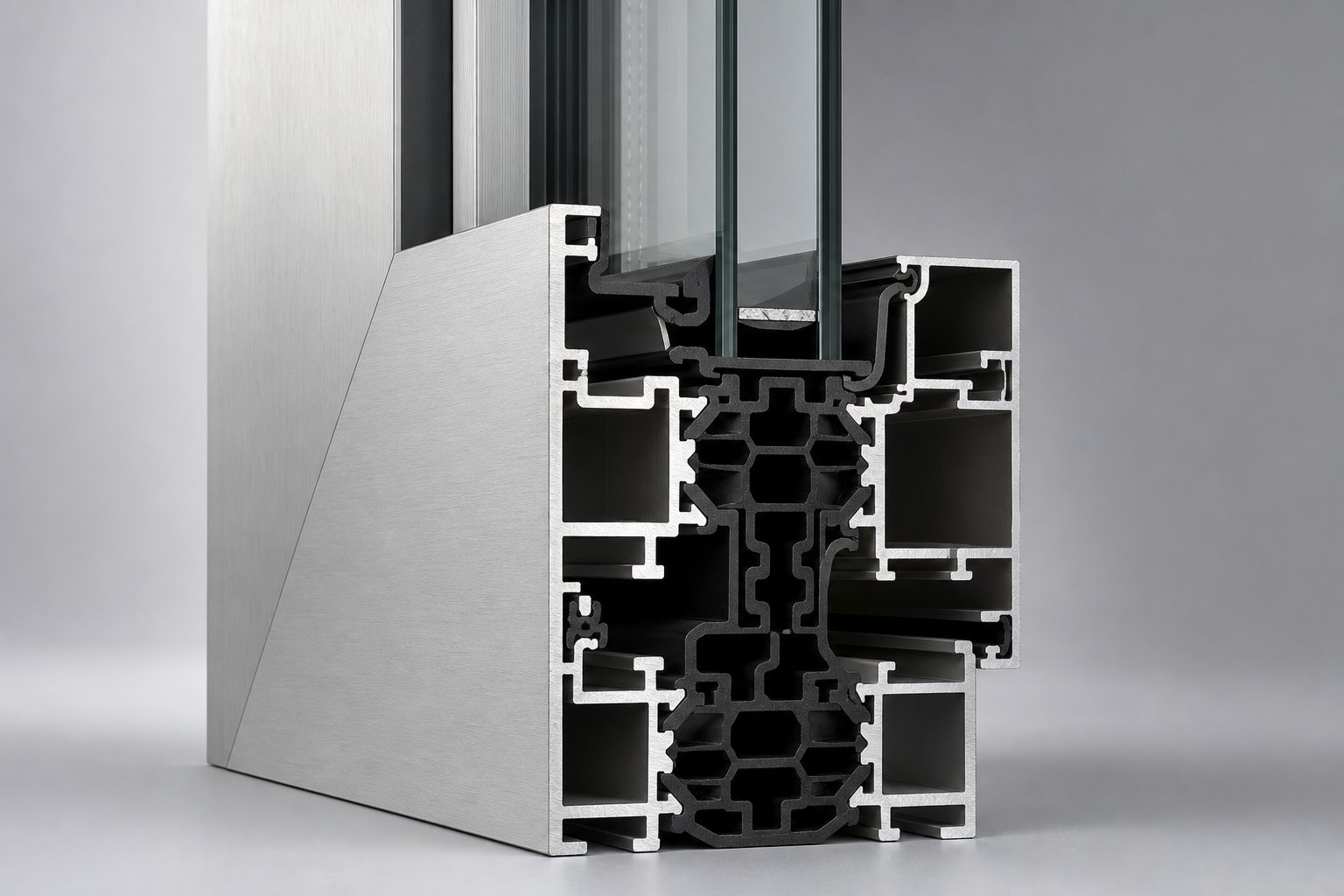 cross section of a thermally broken aluminium window profile showing the insulating polyamide barrier between inner and outer frames