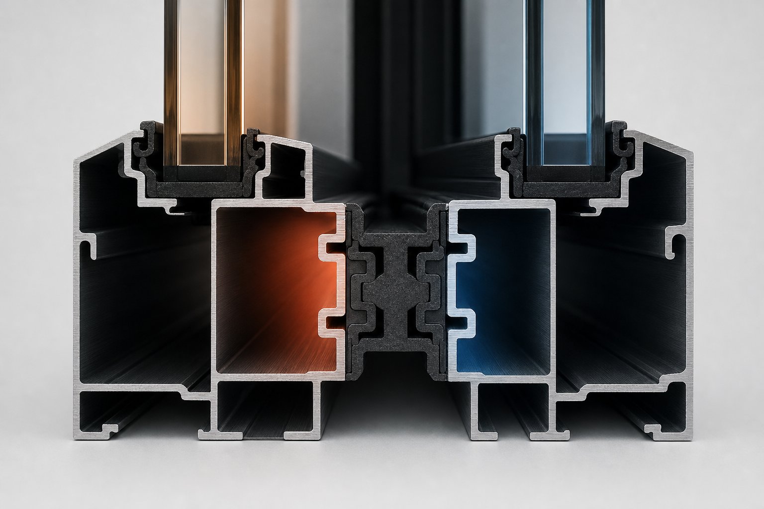 cross section of a thermally broken aluminium window profile showing the insulating polyamide bridge separating interior and exterior aluminium faces