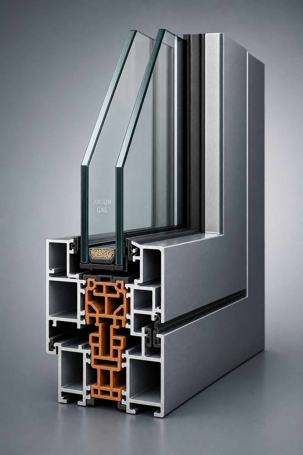 cross section of a thermally broken aluminium window profile showing the insulating polyamide strip and multi chamber design