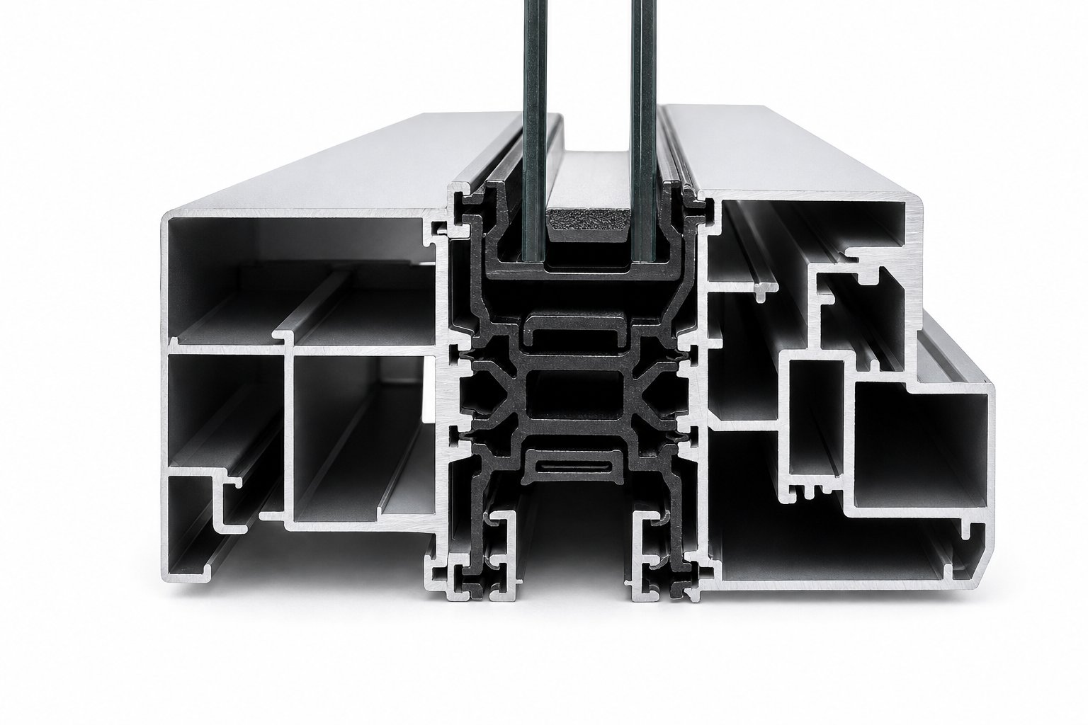 cross section of a thermally broken aluminium window profile showing the polyamide barrier separating interior and exterior aluminium halves