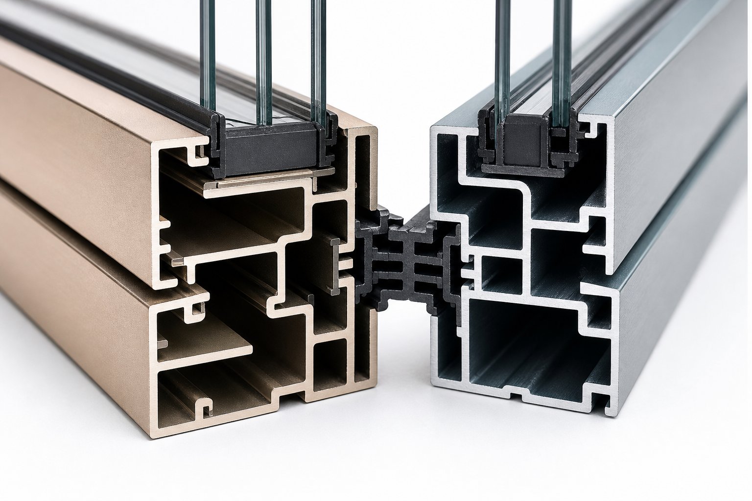 cross section of a thermally broken aluminium window profile showing the polyamide insulating strip between interior and exterior sections